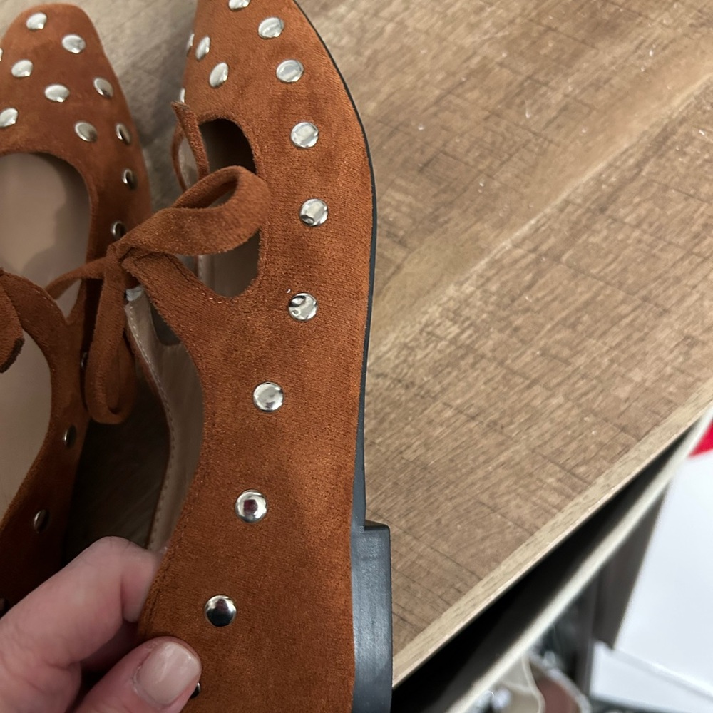 SHEIN Tan Suede Studded Lace-Up Flats